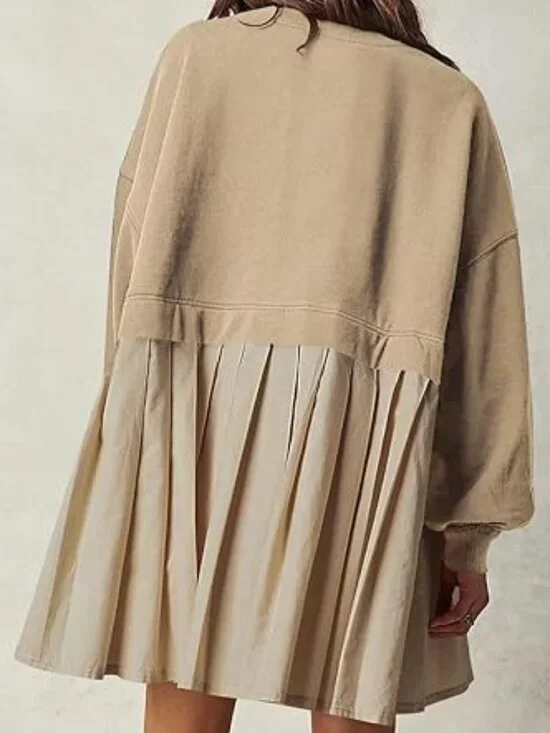 Khaki Long Sleeve Sweatshirt Dress With Pleated Skirt - Picture 2 of 4